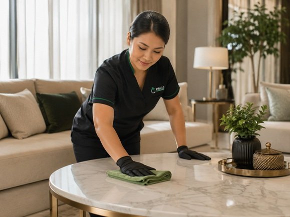 Professional cleaner from HMCS UAE working in a modern home interior