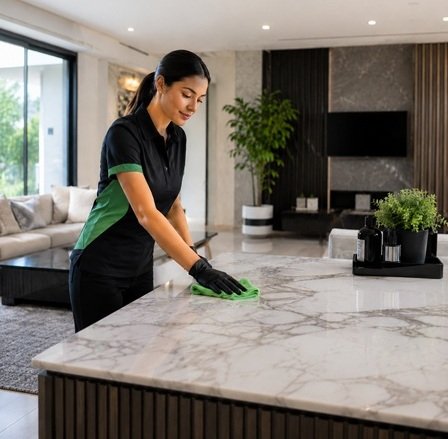 Professional female cleaner in modern home interior by Hygiene Mission Cleaning Services