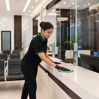 Home HMCS cleaner wiping the customer counter inside a modern bank