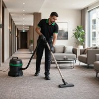 Home Professional cleaner vacuuming a residential building common area