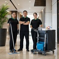 Home HMCS commercial cleaning team with equipment in a modern building