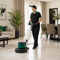 Home Professional cleaner operating a rotary floor-cleaning machine