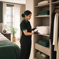 Home HMCS housekeeper folding towels and organizing a bedroom wardrobe