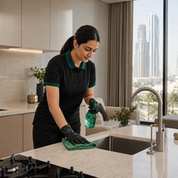 Home HMCS cleaner wiping a countertop in a modern kitchen