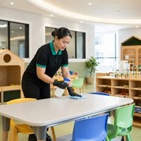 Home HMCS cleaner sanitizing an activity table inside a nursery