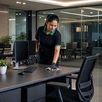 Home HMCS cleaner wiping a workstation in a modern UAE office