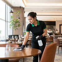 Home Professional cleaner sanitizing a table inside a modern restaurant