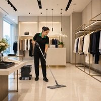 Home HMCS cleaner mopping the floor of a modern retail shop