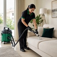 Home Professional cleaner using an extraction machine to clean a sofa