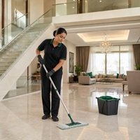 Home HMCS cleaner mopping the floor inside a spacious UAE villa