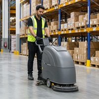 Home HMCS cleaner operating a floor scrubber inside a UAE warehouse