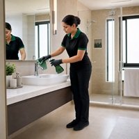 Home Professional cleaner sanitizing a sink in a modern washroom